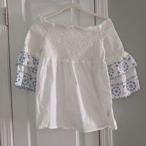 beachlunchlounge White and Blue Off-Shoulder Blouse